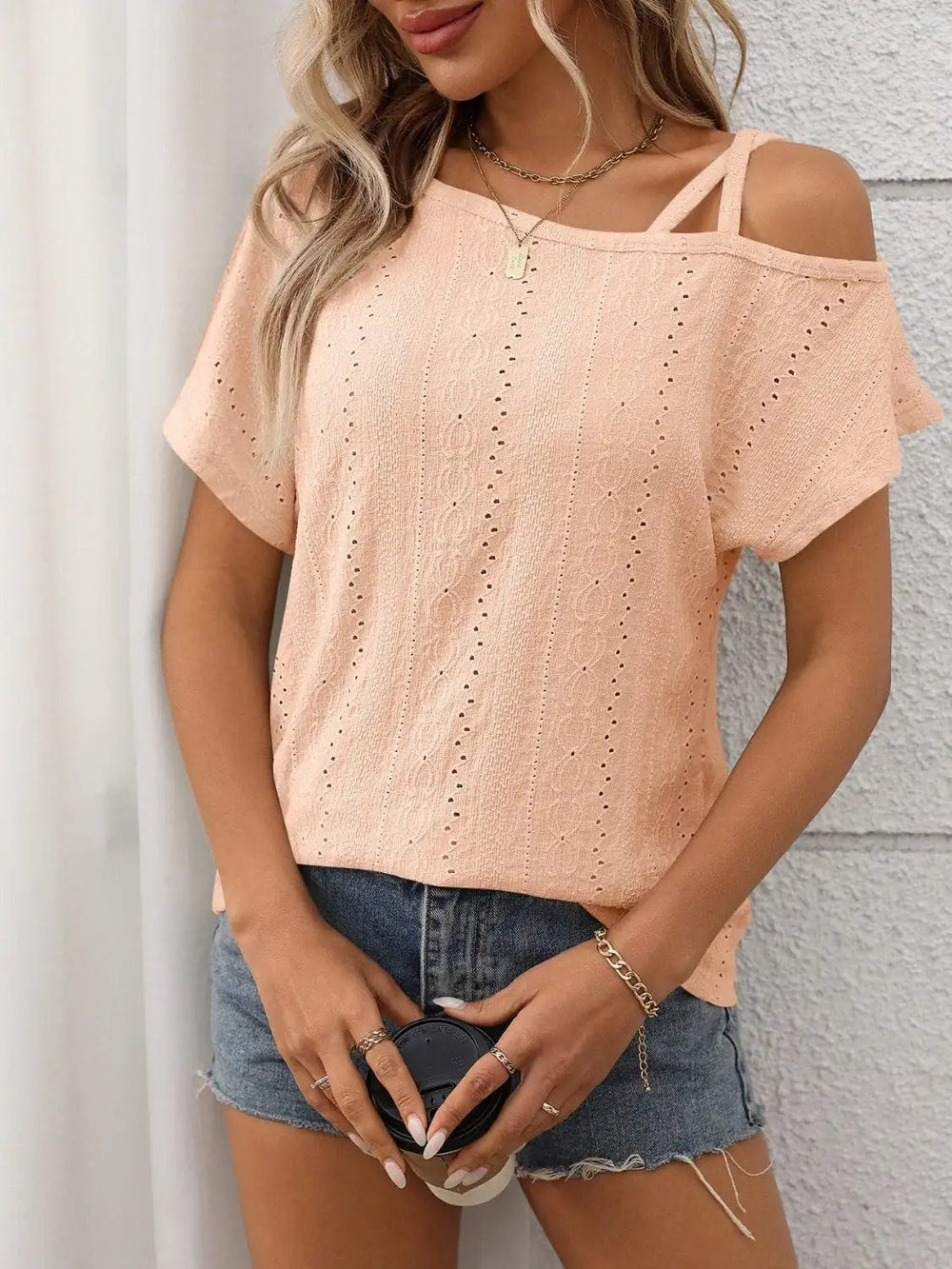 Eyelet Asymmetrical Shoulder Short Sleeve T-Shirt - Trendsi