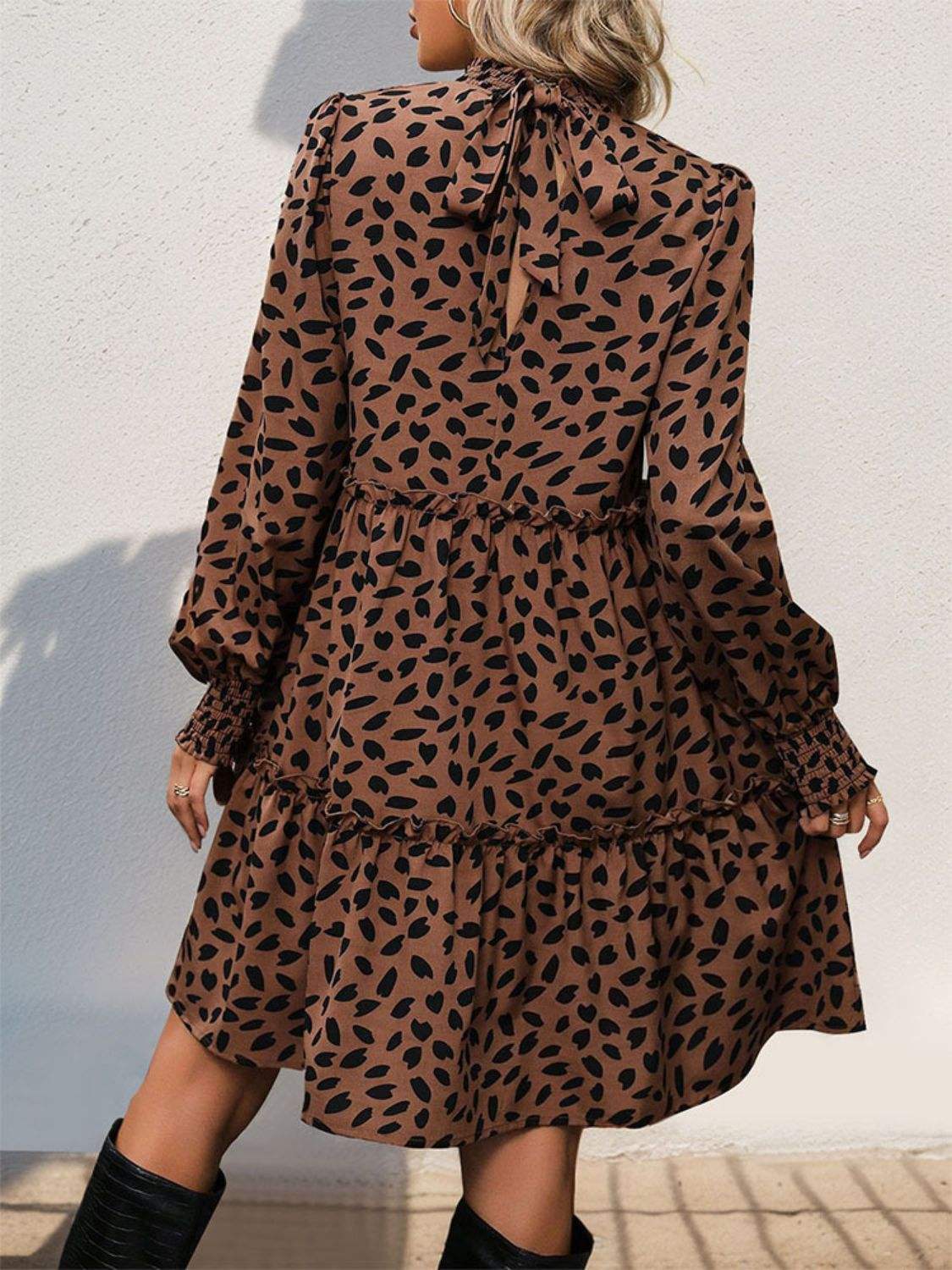 Frill Printed Mock Neck Long Sleeve Mini Dress - Trendsi - Flyclothing LLC