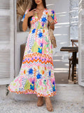 Devine Smocked Printed V-Neck Short Sleeve Maxi Dress - Trendsi - Flyclothing LLC