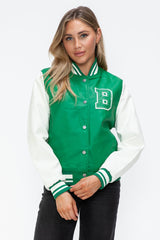 Love Me Now PU Leather Contrast Snap Down Bomber Jacket - Trendsi