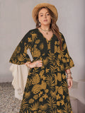 Plus Size Lace Detail Tropical Print Three-Quarter Sleeve Maxi Dress - Trendsi