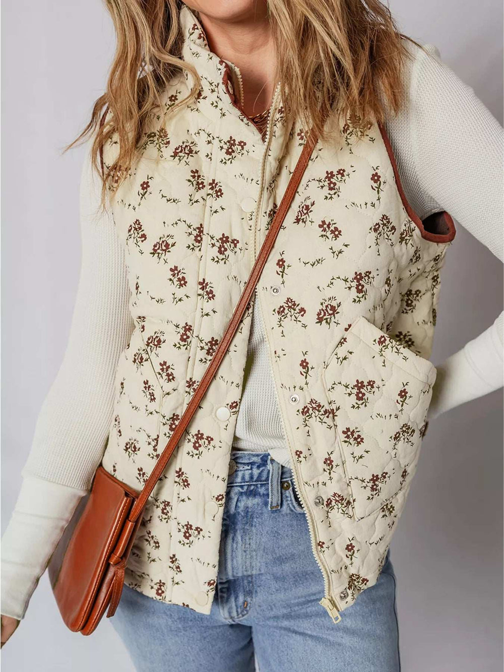 Floral Print Zip Up Quilted Vest - Trendsi - Flyclothing LLC