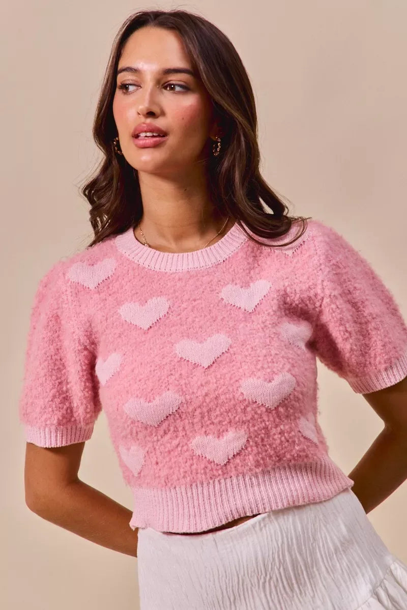SO ME All Over Heart Valentine Cropped Sweater - Trendsi - Flyclothing LLC