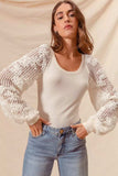 SO ME Rib Knit Top with Lace Balloon Sleeves - Trendsi - Flyclothing LLC