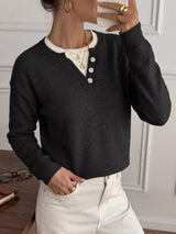 Decor Button-Placket Ribbed Knit Sweater - Trendsi - Flyclothing LLC