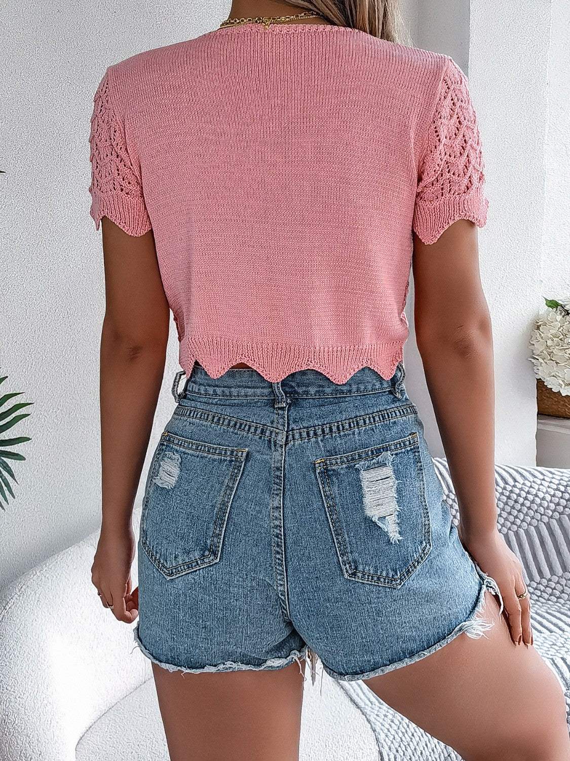 Tied Openwork Short Sleeve Cardigan - Trendsi - Flyclothing LLC