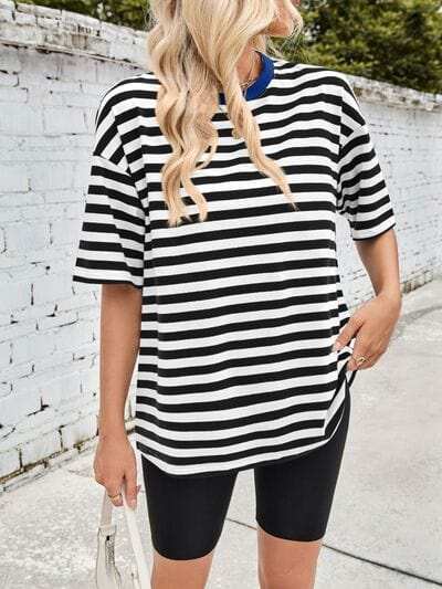 Lovelet Striped Round Neck Half Sleeve T-Shirt - Trendsi - Flyclothing LLC