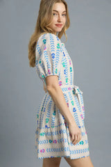 Umgee Printed Tie Waist Puff Short Sleeve Mini Dress - Trendsi - Flyclothing LLC