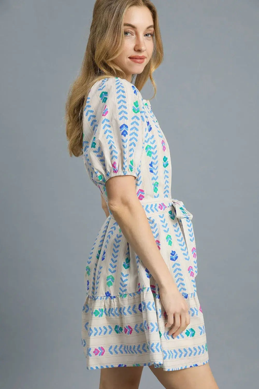 Umgee Printed Tie Waist Puff Short Sleeve Mini Dress - Trendsi - Flyclothing LLC