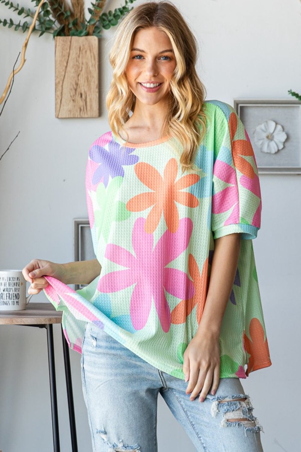 HOPELY Floral Round Neck Waffle T-Shirt - Trendsi
