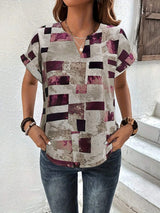 Printed Notched Short Sleeve Blouse - Trendsi - Flyclothing LLC