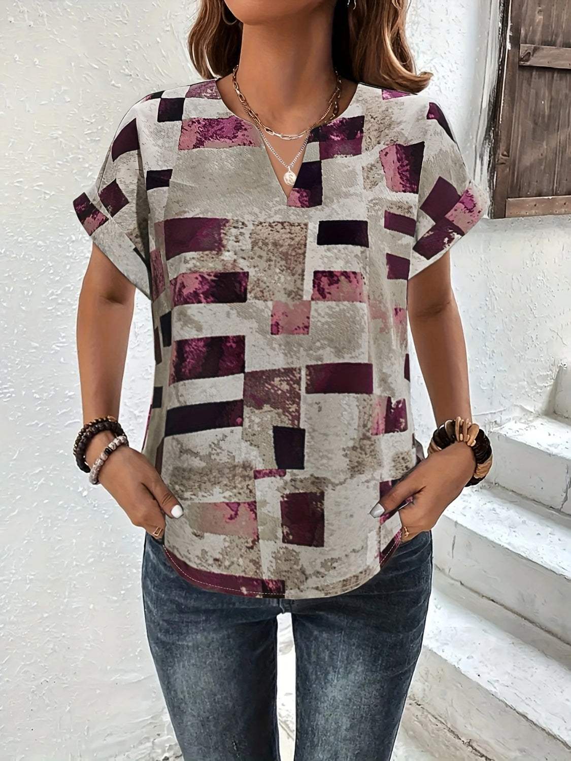 Printed Notched Short Sleeve Blouse - Trendsi - Flyclothing LLC