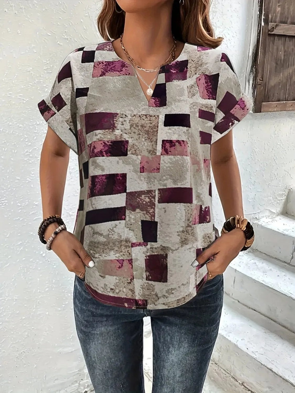 Printed Notched Short Sleeve Blouse - Trendsi