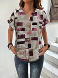 Printed Notched Short Sleeve Blouse - Trendsi
