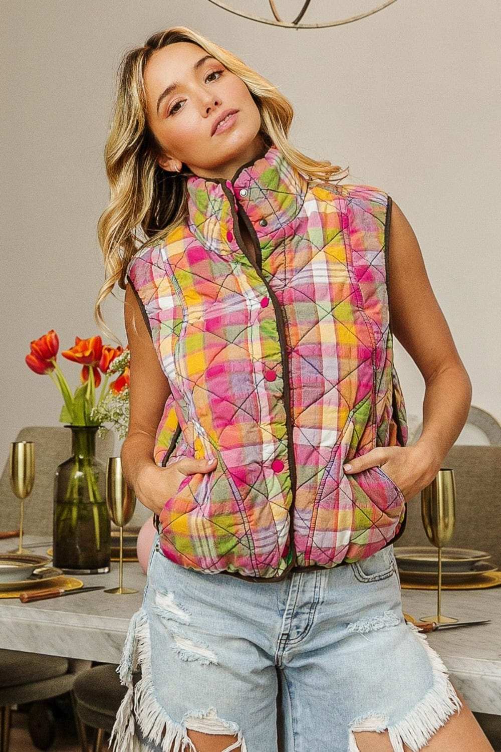 BiBi Quilted Washed Plaid Snap Down Vest - Trendsi - Flyclothing LLC