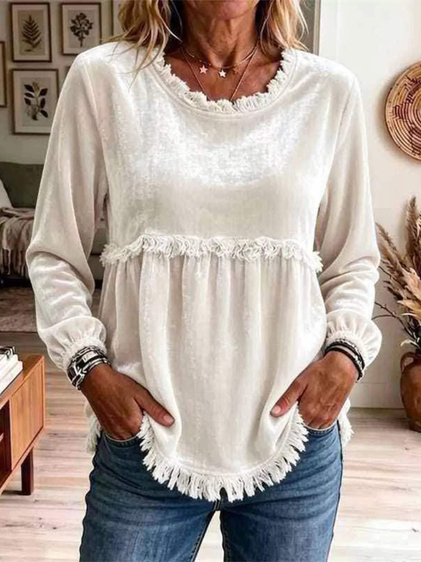 Fringed Hem Long Sleeve T-Shirt - Trendsi - Flyclothing LLC