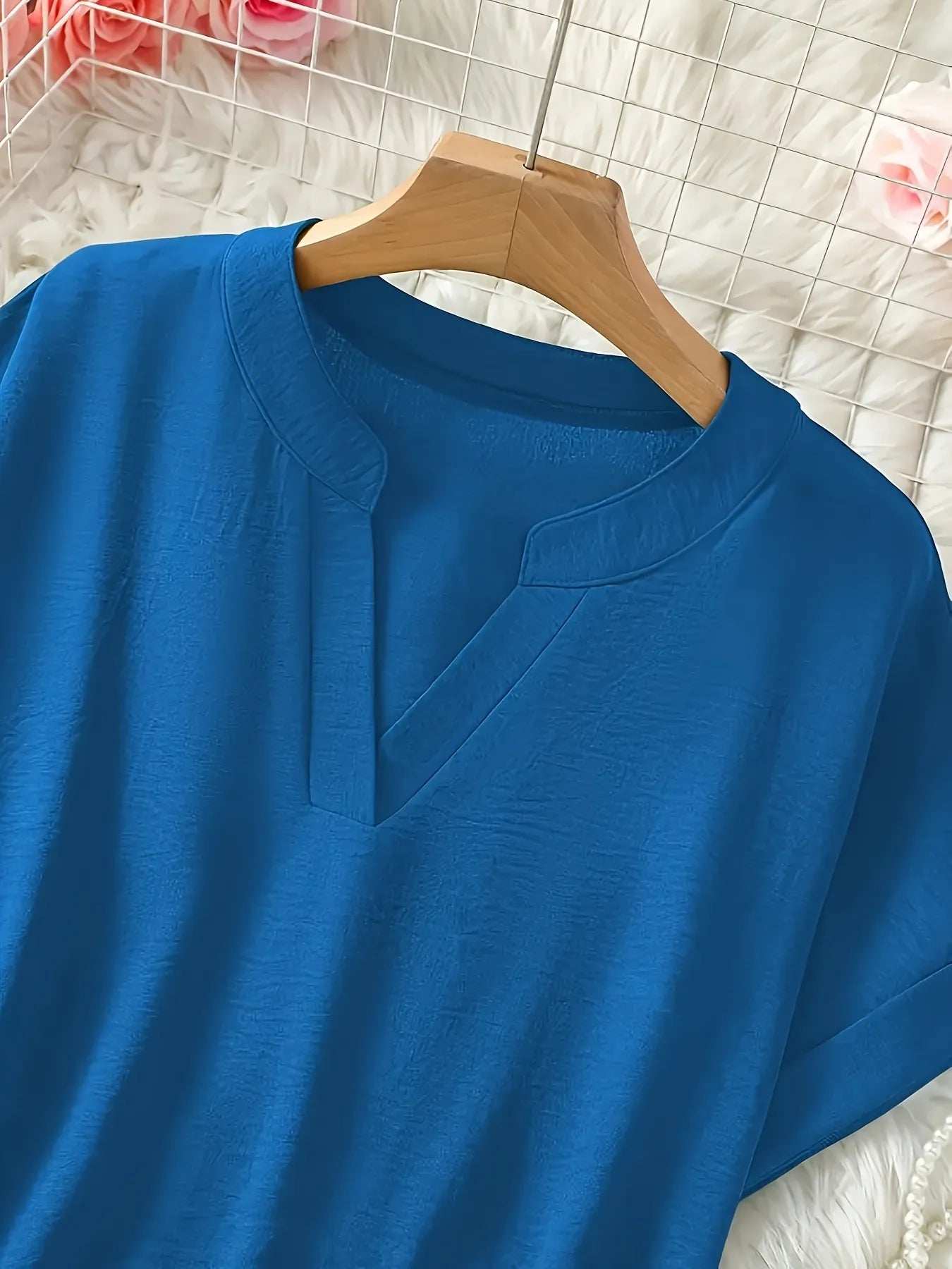 Casual Notched Short Sleeve Blouse - Trendsi - Flyclothing LLC