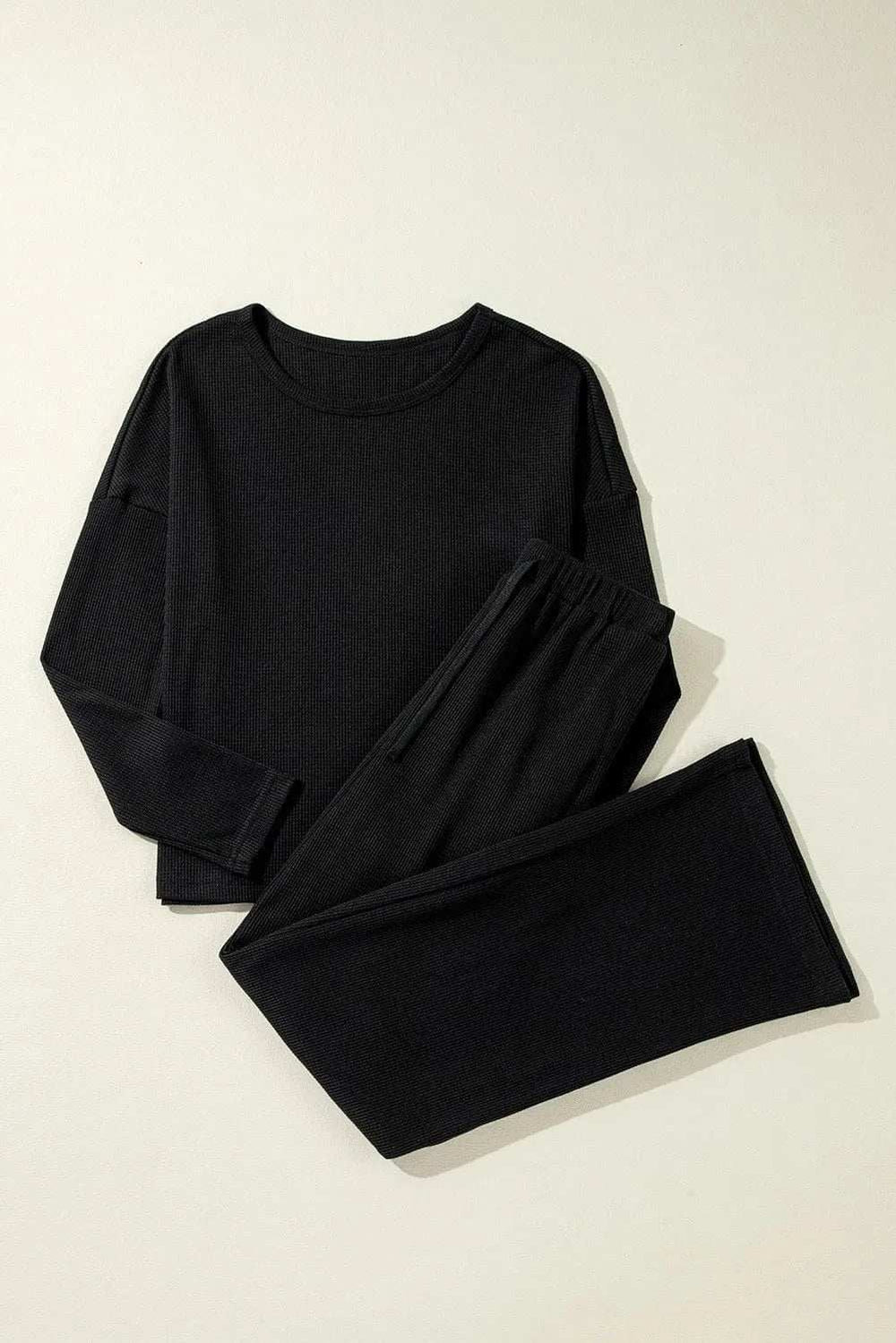 Round Neck Long Sleeve Top and Drawstring Pants Lounge Set - Trendsi - Flyclothing LLC
