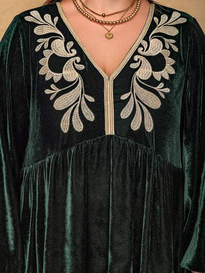 Plus Size Embroidered V-Neck Long Sleeve Dress - Trendsi - Flyclothing LLC