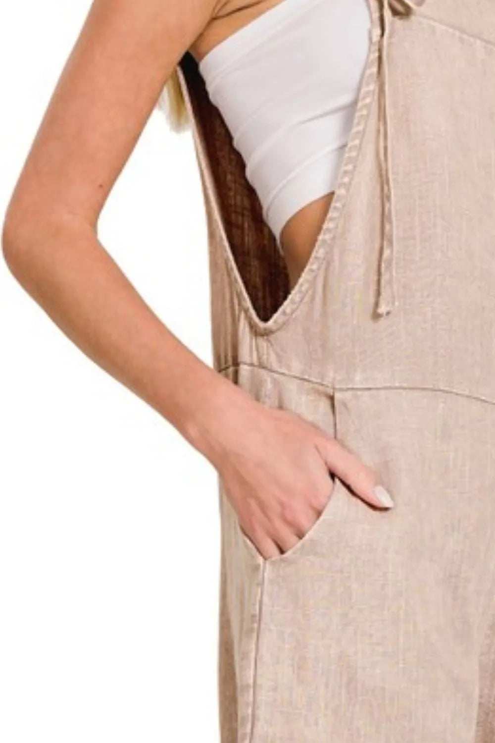 Zenana Washed Linen Knot Strap Rompers - Trendsi - Flyclothing LLC