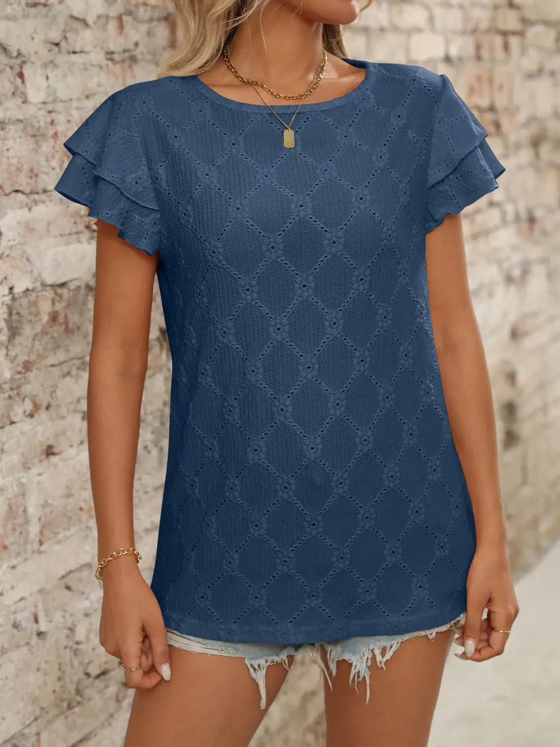 Eyelet Round Neck Double Layered Ruffled Short Sleeve Top - Trendsi - Flyclothing LLC