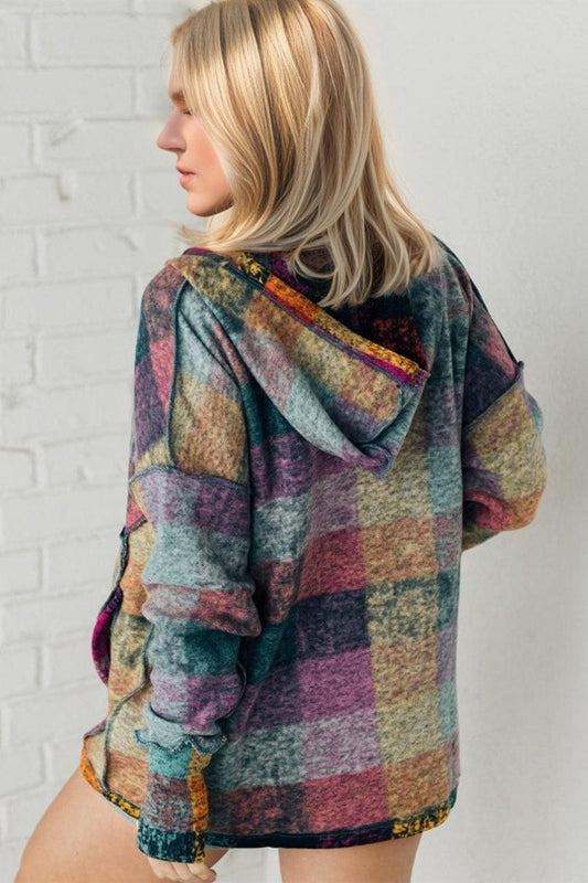 Double Take Full Size Half Button Thumbhole Long Sleeve Hoodie - Trendsi