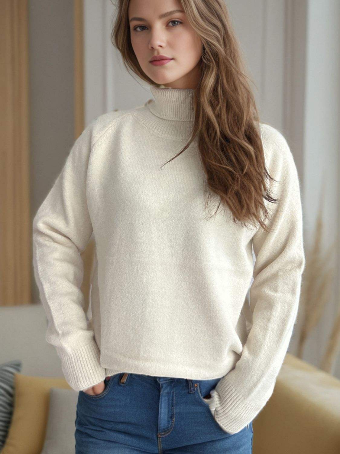 Solid Color Turtleneck Long Sleeve Sweater - Trendsi - Flyclothing LLC