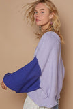 POL Exposed Seam Contrast V-Neck Lantern Sleeve Sweater - Trendsi