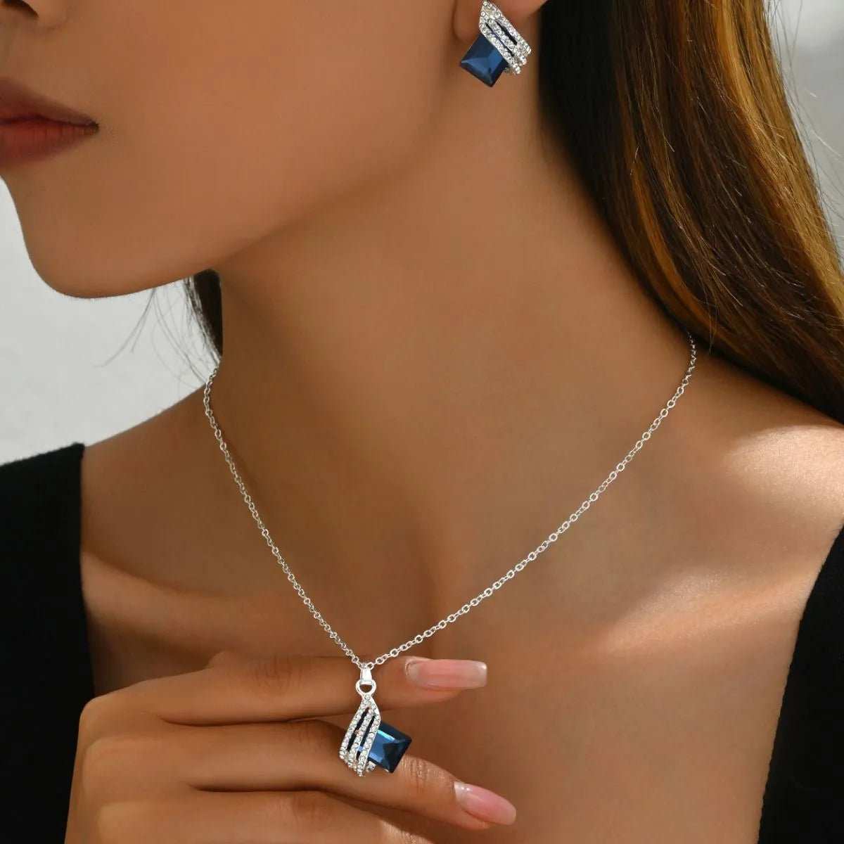 Stainless Steel Crystal Geometric Earrings and Necklace Jewelry Set - Trendsi - Flyclothing LLC