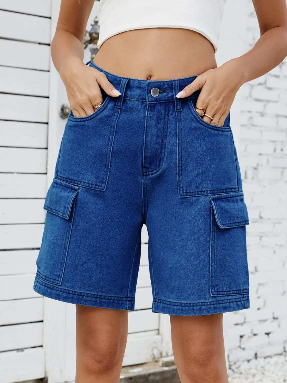 High Waist Denim Shorts with Cargo Pockets - Trendsi - Flyclothing LLC