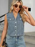 V-Neck Button Down Denim Vest - Trendsi
