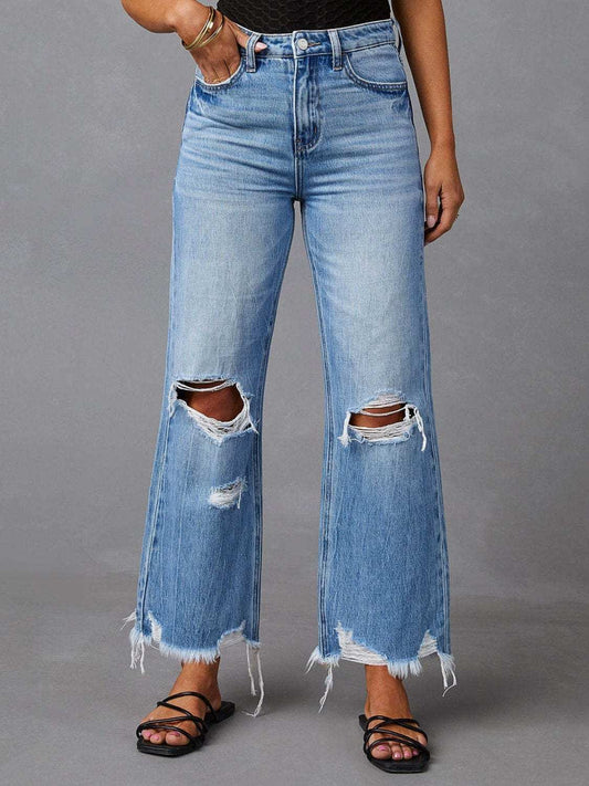 Distressed Raw Hem Jeans with Pockets - Trendsi - Flyclothing LLC