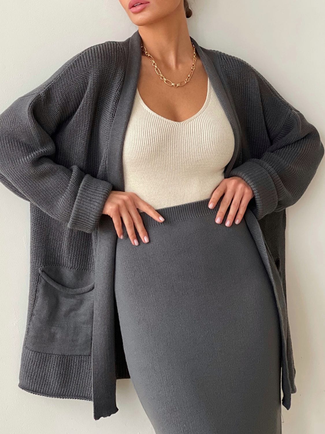 Pocketed Long Sleeve Cardigan and Skirt Sweater Set - Trendsi