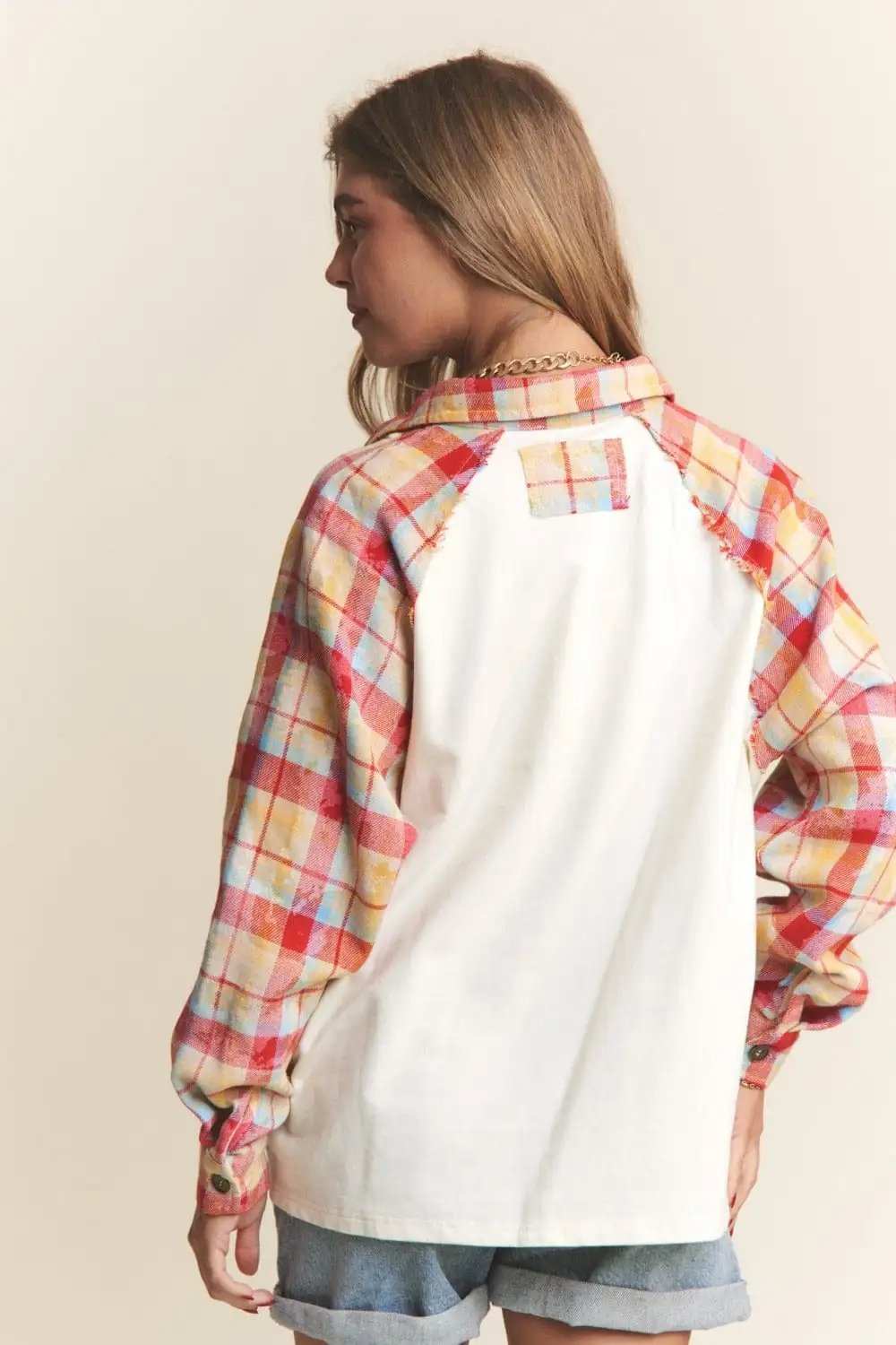J.NNA Plaid Contrast Button Down Henley Top - Trendsi - Flyclothing LLC