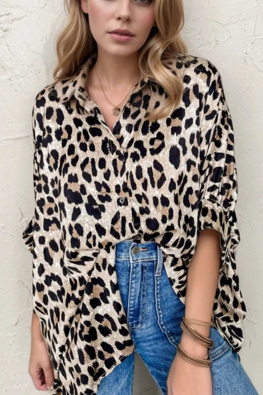 Leopard Print Buttoned 3/4 Sleeve Loose Fit Shirt - Trendsi - Flyclothing LLC