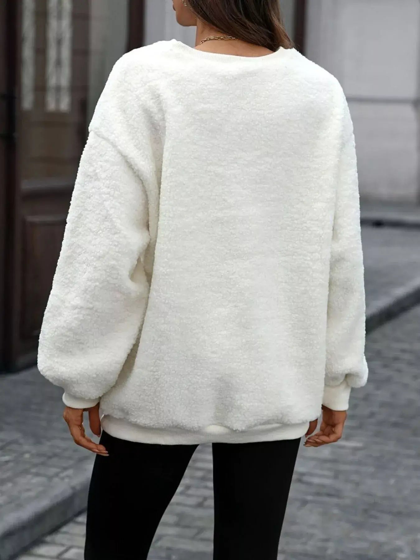 Letter Round Neck Fleece Sweatshirt - Trendsi - Flyclothing LLC