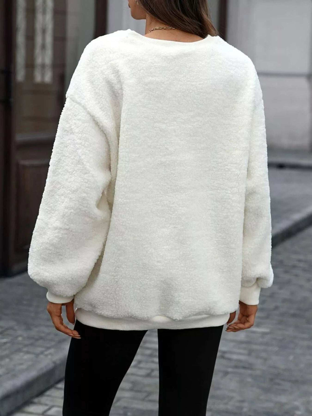 Letter Round Neck Fleece Sweatshirt - Trendsi - Flyclothing LLC
