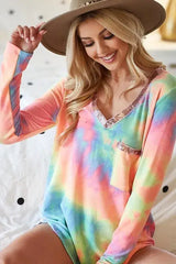 BiBi Tie Dye V-neck Terry Knit Top With Sequins - Trendsi - Flyclothing LLC