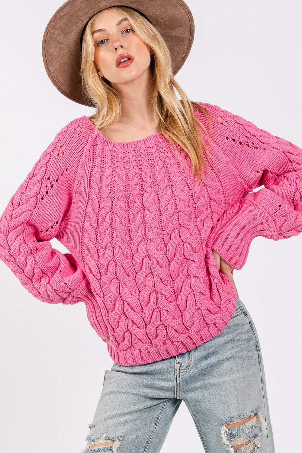 SAGE + FIG Cable-Knit Long Sleeve Sweater - Trendsi - Flyclothing LLC