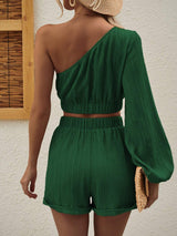 One Shoulder Long Sleeve Top and Shorts Set - Trendsi - Flyclothing LLC