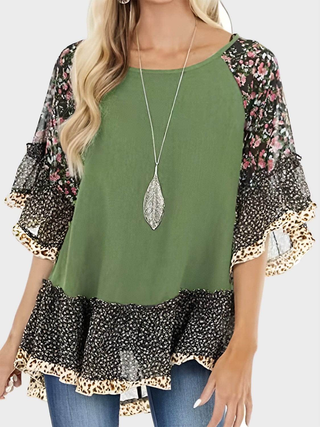 Full Size Frill Printed Round Neck Half Sleeve Blouse - Trendsi