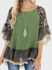 Full Size Frill Printed Round Neck Half Sleeve Blouse - Trendsi