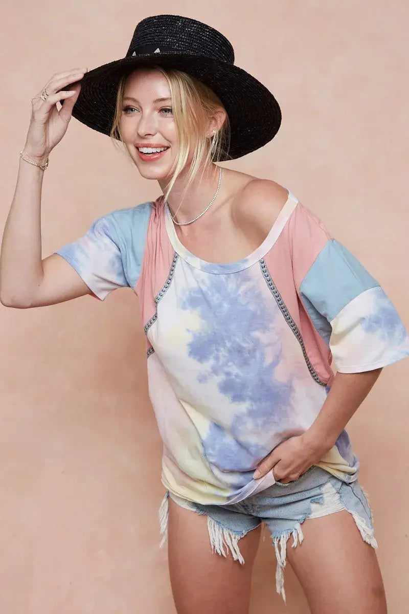 BiBi Tie Dye Printed Cotton Color Block T-Shirt - Trendsi - Flyclothing LLC