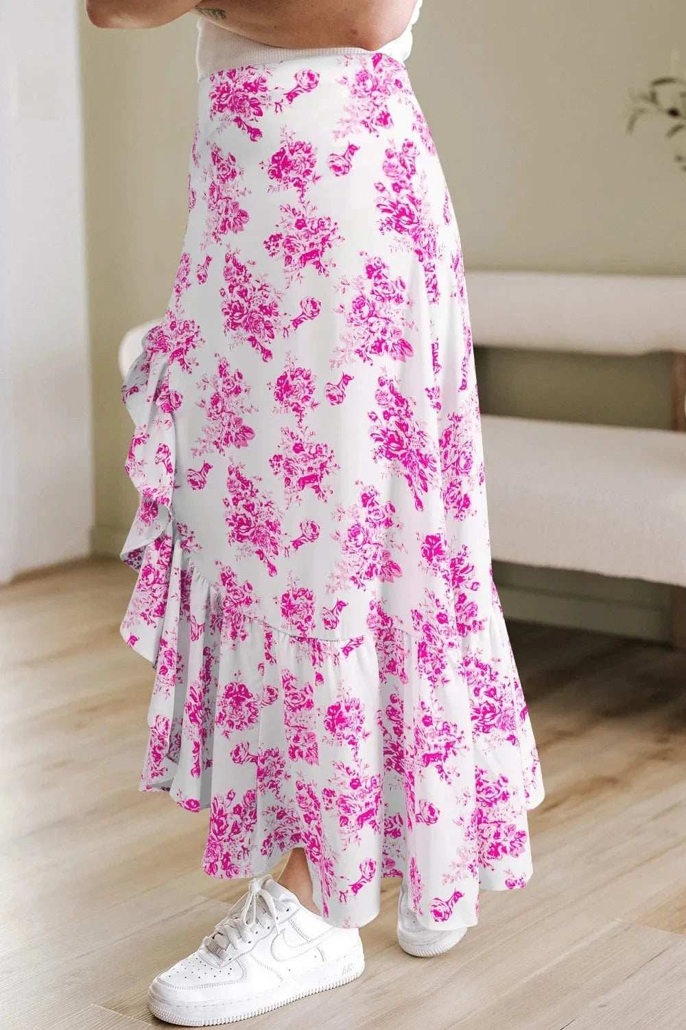 Boho Floral High Waist Ruffle Split Maxi Skirt - Trendsi - Flyclothing LLC