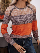 Decorative Button Contrast Round Neck Long Sleeve T-Shirt - Trendsi - Flyclothing LLC