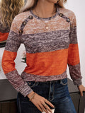Decorative Button Contrast Round Neck Long Sleeve T-Shirt - Trendsi