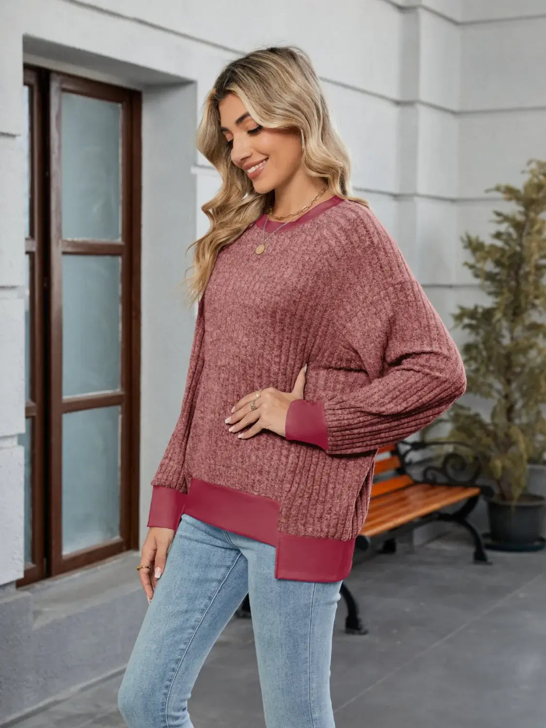 Contrast Trim Round Neck Long Sleeve T-Shirt - Trendsi - Flyclothing LLC