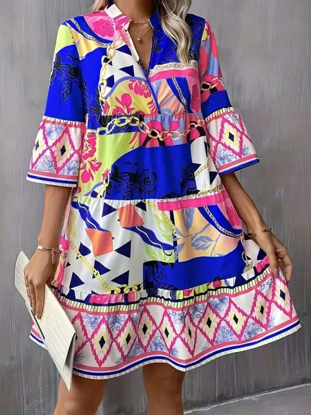 Printed Notched 3/4 Sleeve Tiered Dress - Trendsi - Flyclothing LLC