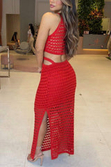 Cutout Slit Round Neck Sweater Dress - Trendsi - Flyclothing LLC