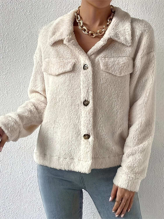Collared Neck Button Up Jacket with Decorative Pocket Flaps - Trendsi - Flyclothing LLC
